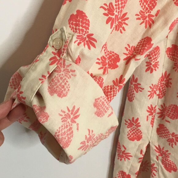 Paradise Shores Womens LINEN Blend Tunic Top M Pink Ivory PINEAPPLE Button Up - Picture 5 of 11